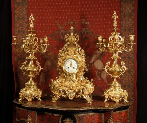 fig 2. *** SOLD *** Very Large Japy Freres Gilt Brass Rococo Clock Set, French - Circa 1880.